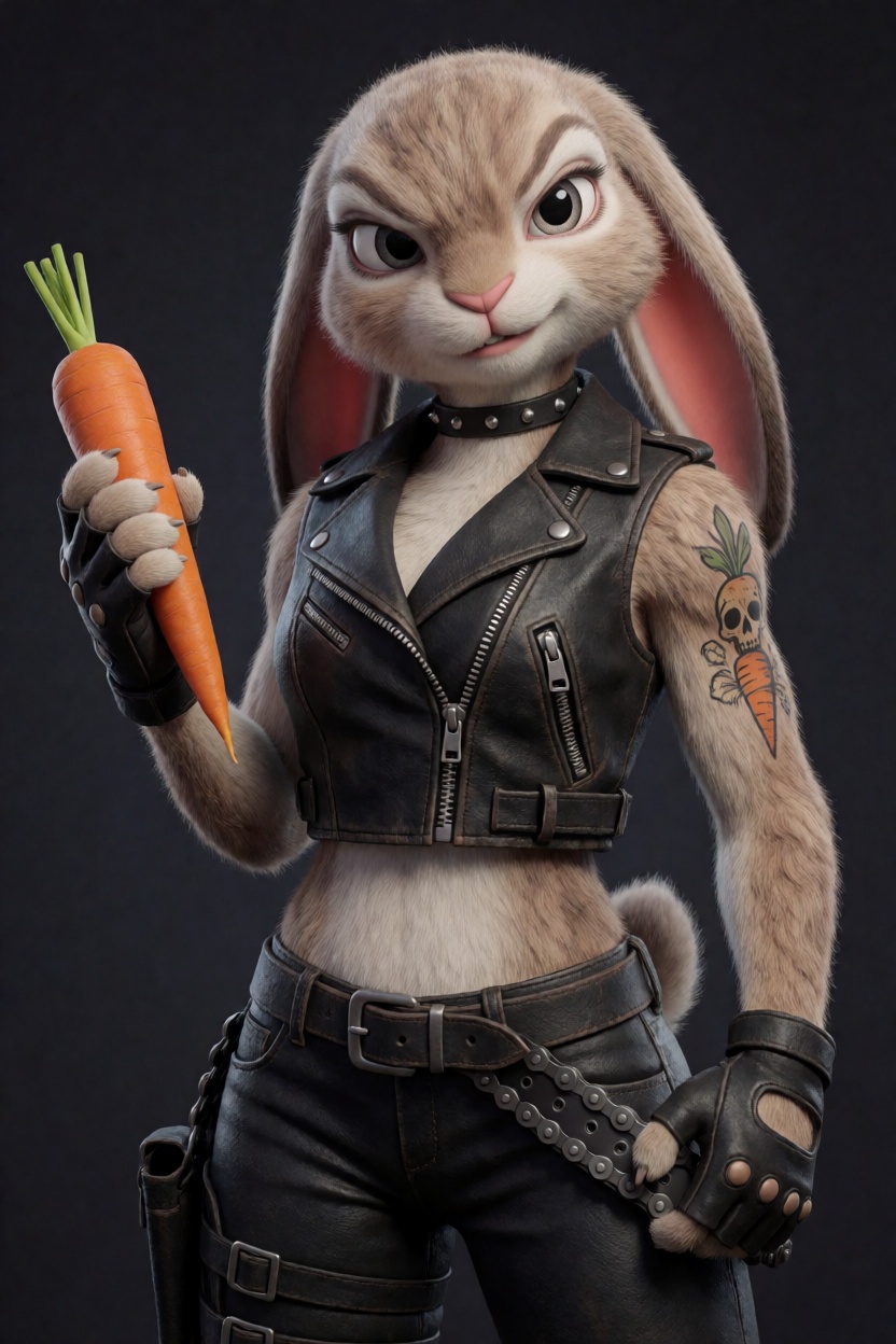 A highly detailed photorealistic image of an anthropomorphic rabbit woman with a lean,  athletic build,  long floppy ears...