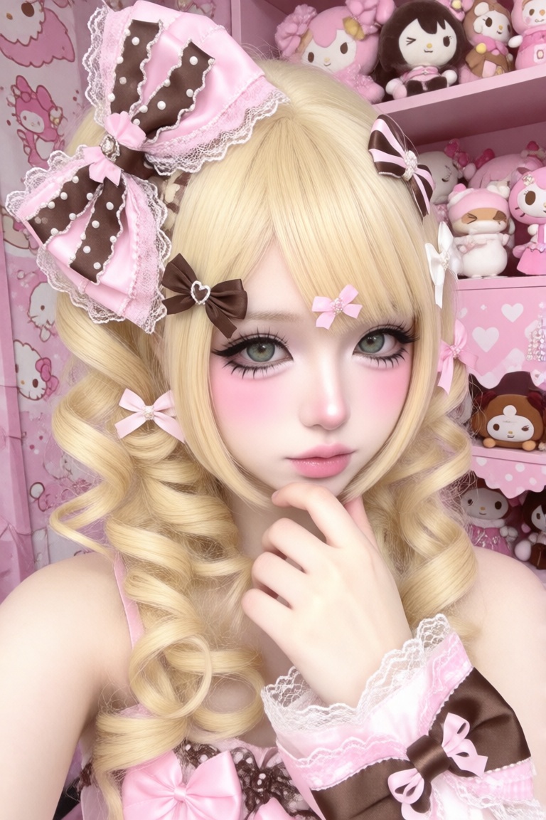 Gyaru makeup,  blonde hair curly hair,  pink and brown bow with peals on Tensor.Art