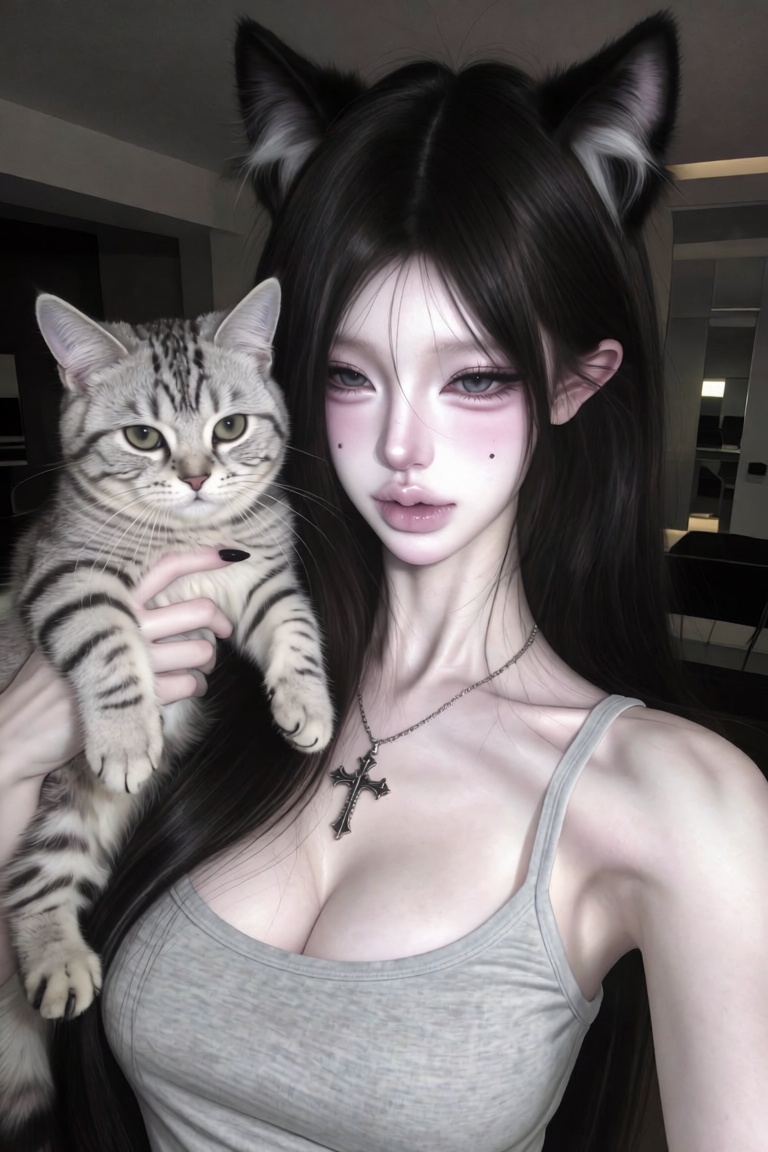 A close-up portrait of a gorgeous young Asian woman with long black hair and realistic cat ears blending into her hair,  h...