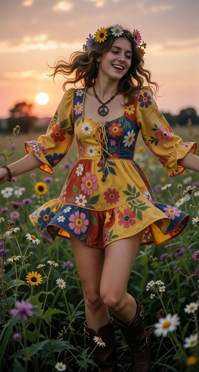 A beautiful young woman in her 20s,  1970s hippie fashion,  long wavy hair flying freely on Tensor.Art