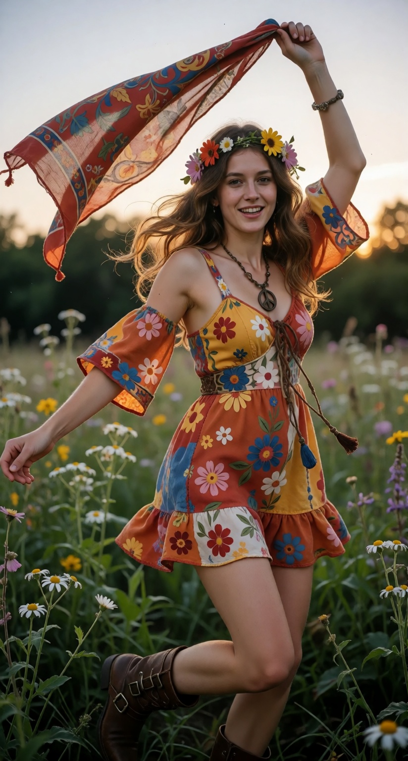 A beautiful young woman in her 20s wearing 1970s bohemian hippie fashion,  long flowing hair,  a colorful floral mini dres...