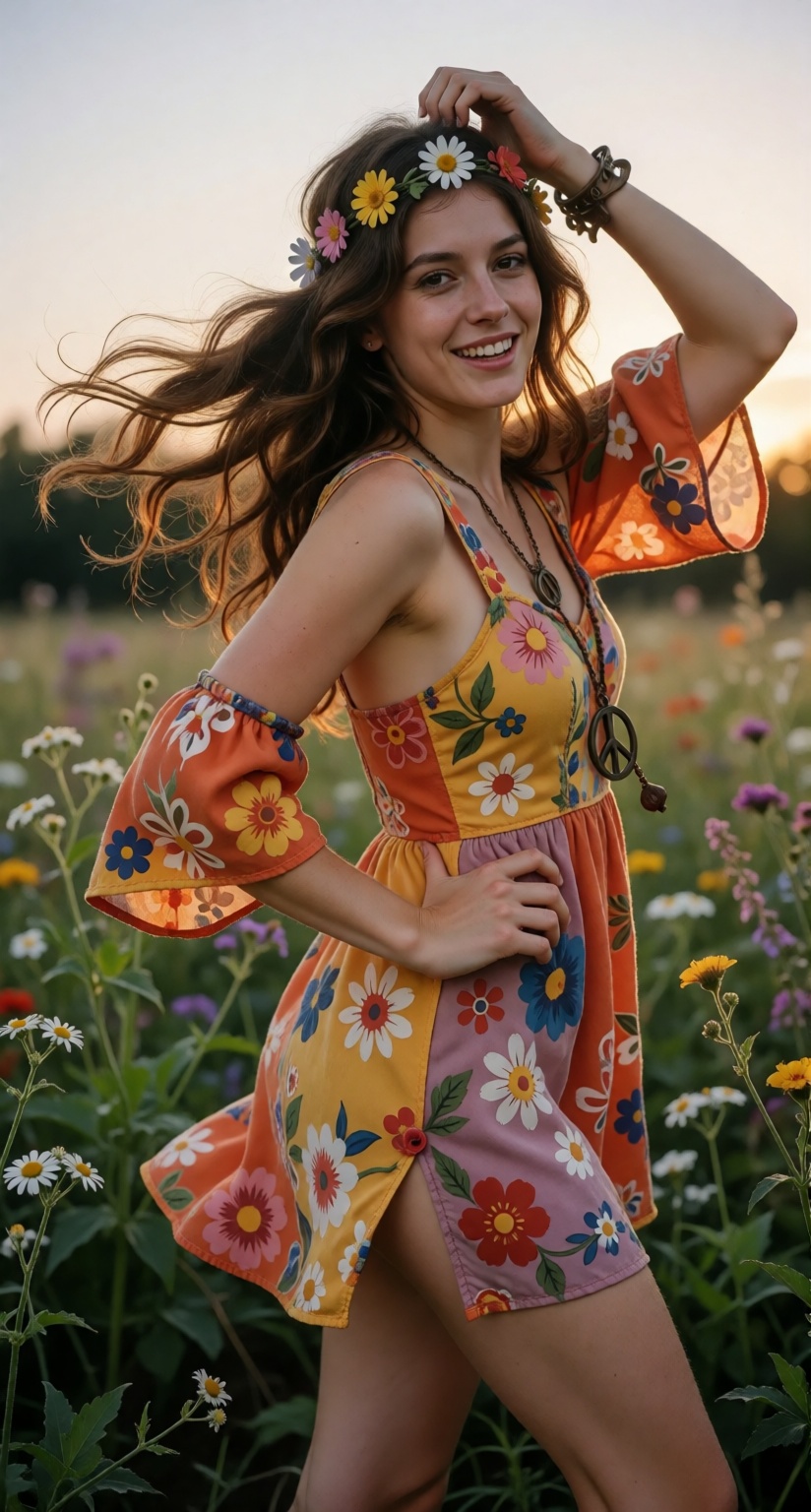 A beautiful young woman in her 20s,  1970s hippie fashion,  long flowing chestnut hair dancing in the breeze on Tensor.Art