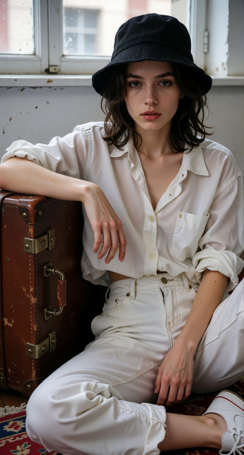 A fashionable woman wearing an all-white outfit,  sitting on the floor beside a vintage suitcase,  one knee raised on Tens...