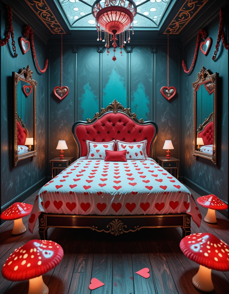 A surreal and intoxicating Wonderland chamber,  where innocence twists into temptation. The vast room is alive with glowin...