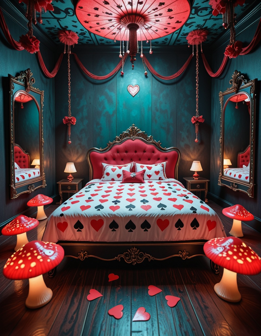 A surreal and intoxicating Wonderland chamber,  where innocence twists into temptation. The vast room is alive with glowin...