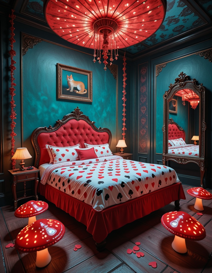 A surreal and intoxicating Wonderland chamber,  where innocence twists into temptation. The vast room is alive with glowin...