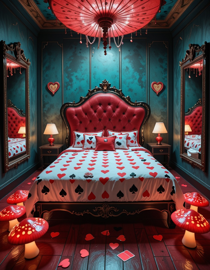 A surreal and intoxicating Wonderland chamber,  where innocence twists into temptation. The vast room is alive with glowin...