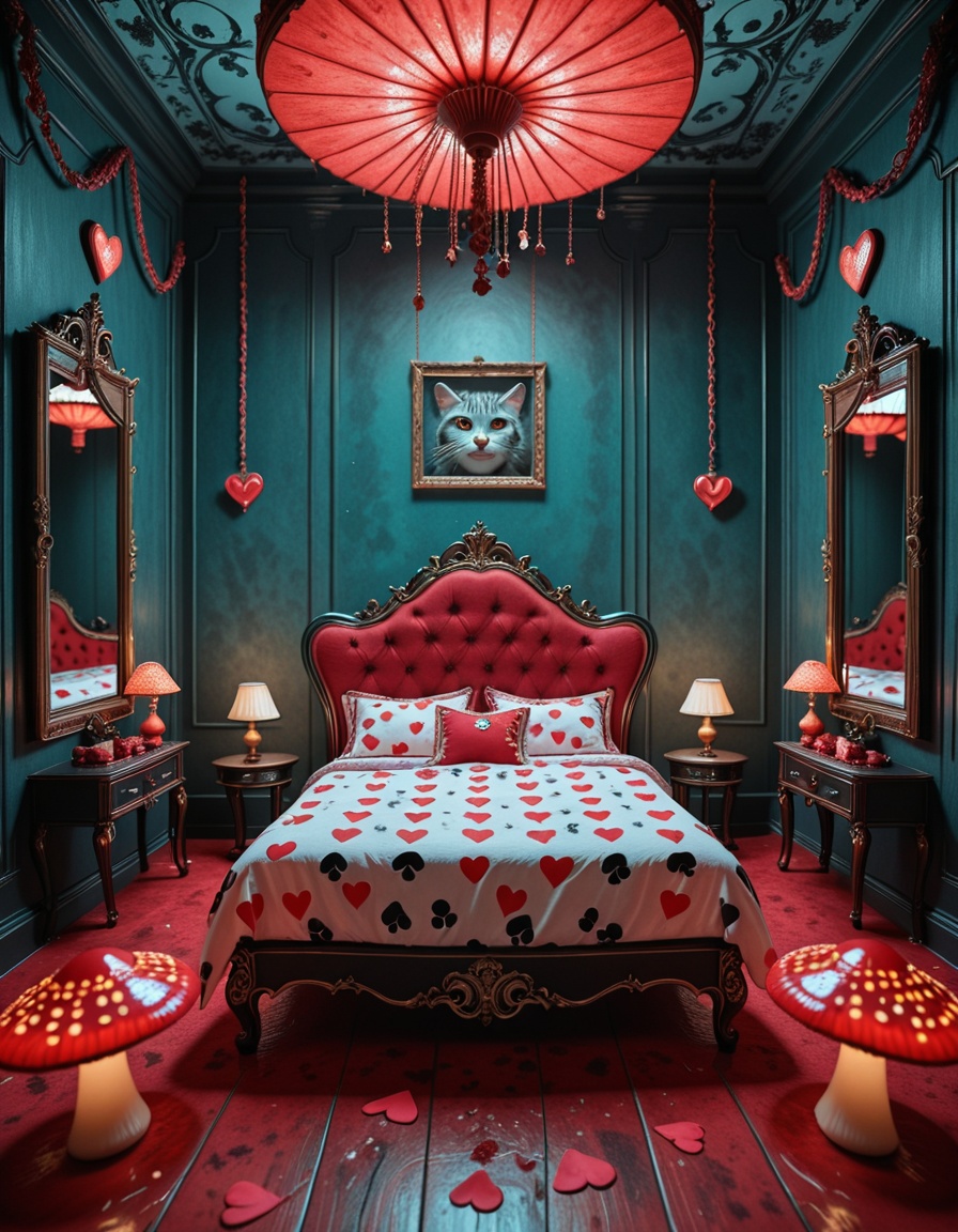 A surreal and intoxicating Wonderland chamber,  where innocence twists into temptation. The vast room is alive with glowin...