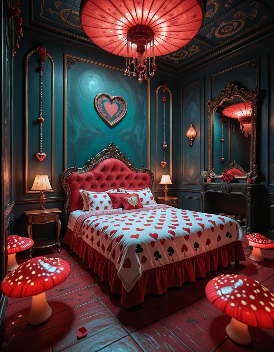 A surreal and intoxicating Wonderland chamber,  where innocence twists into temptation. The vast room is alive with glowin...
