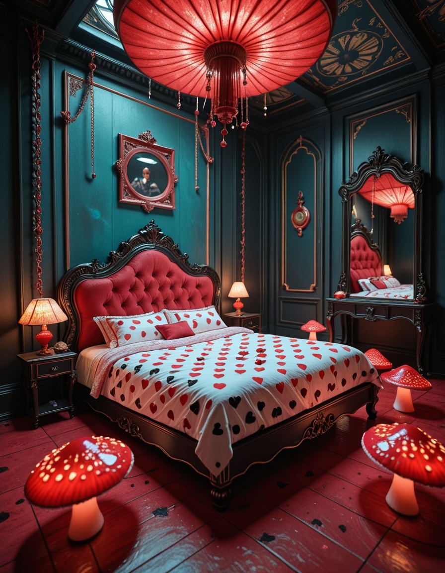A surreal and intoxicating Wonderland chamber,  where innocence twists into temptation. The vast room is alive with glowin...