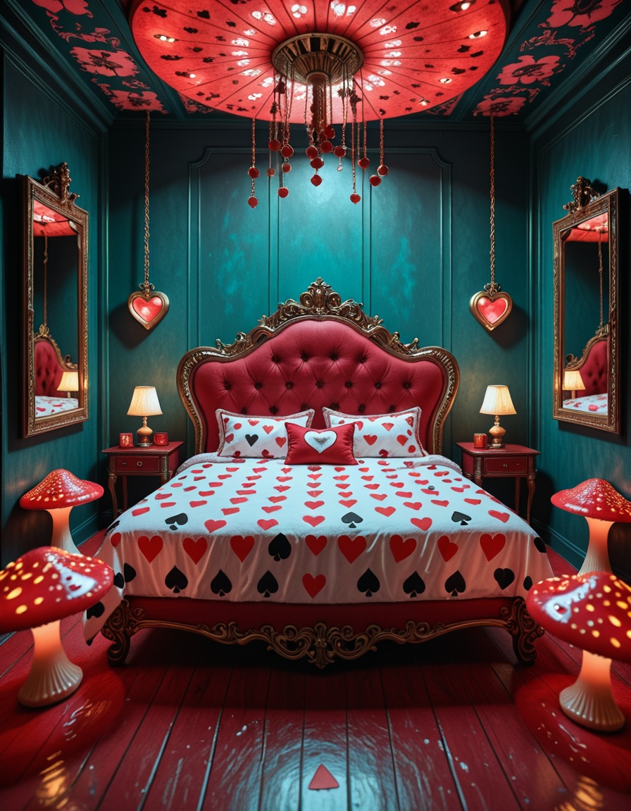 A surreal and intoxicating Wonderland chamber,  where innocence twists into temptation. The vast room is alive with glowin...