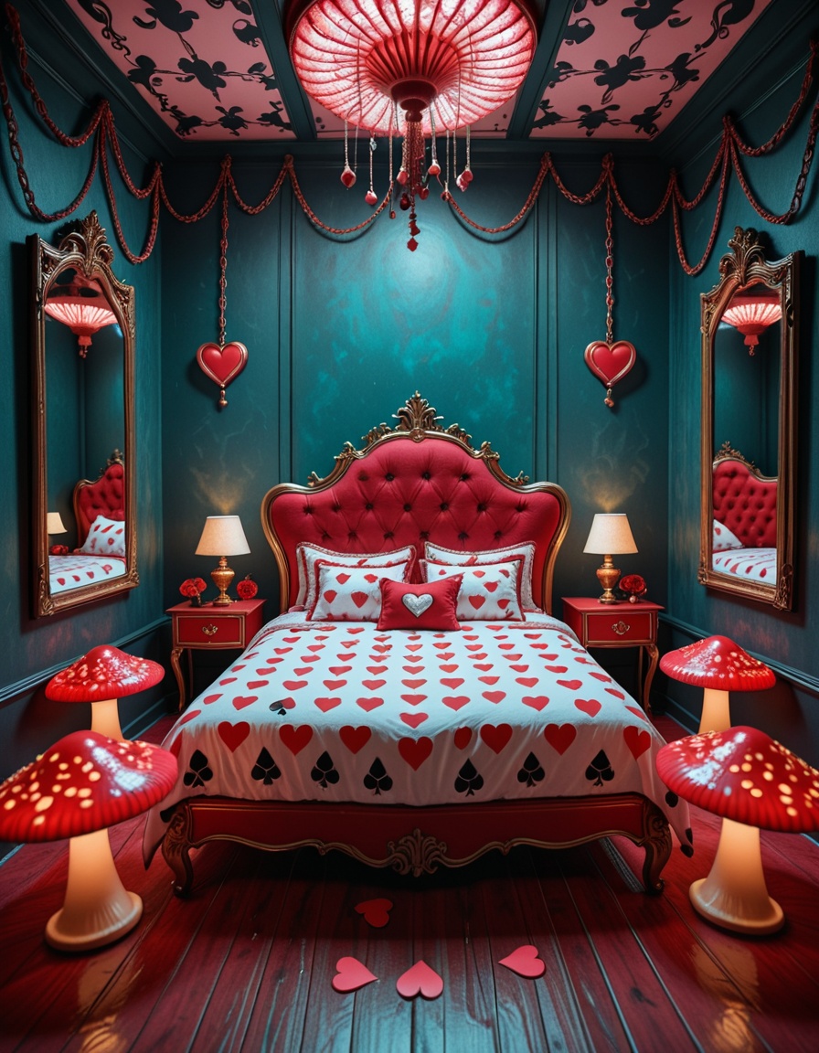 A surreal and intoxicating Wonderland chamber,  where innocence twists into temptation. The vast room is alive with glowin...