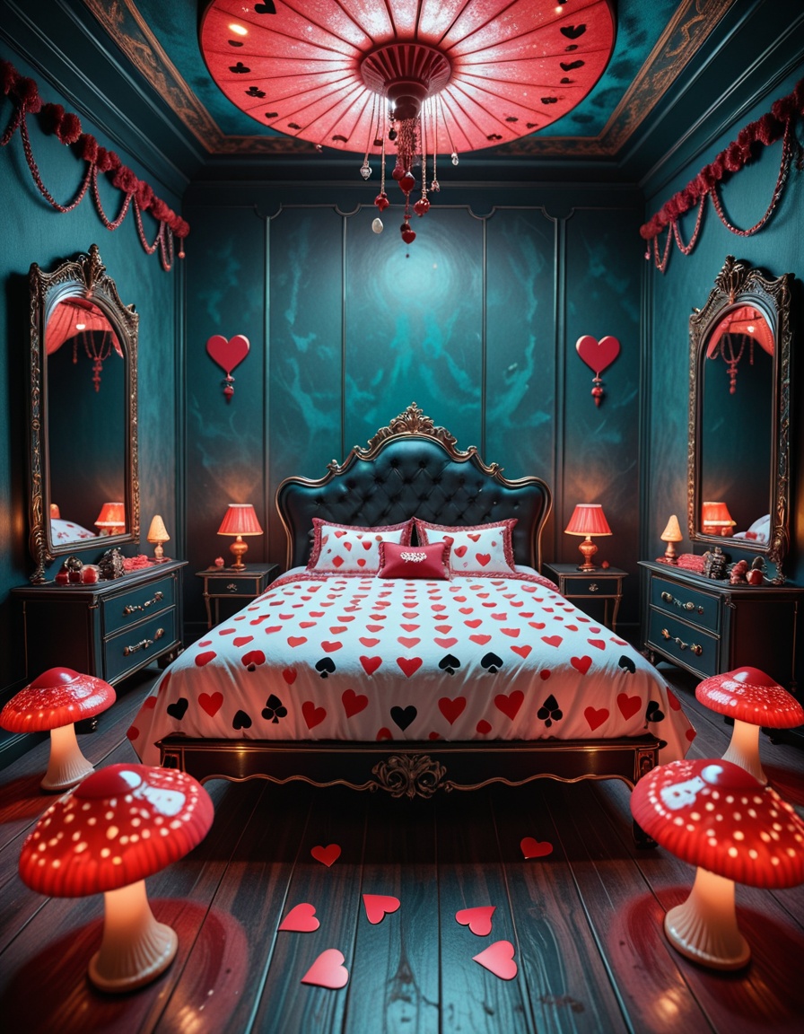 A surreal and intoxicating Wonderland chamber,  where innocence twists into temptation. The vast room is alive with glowin...