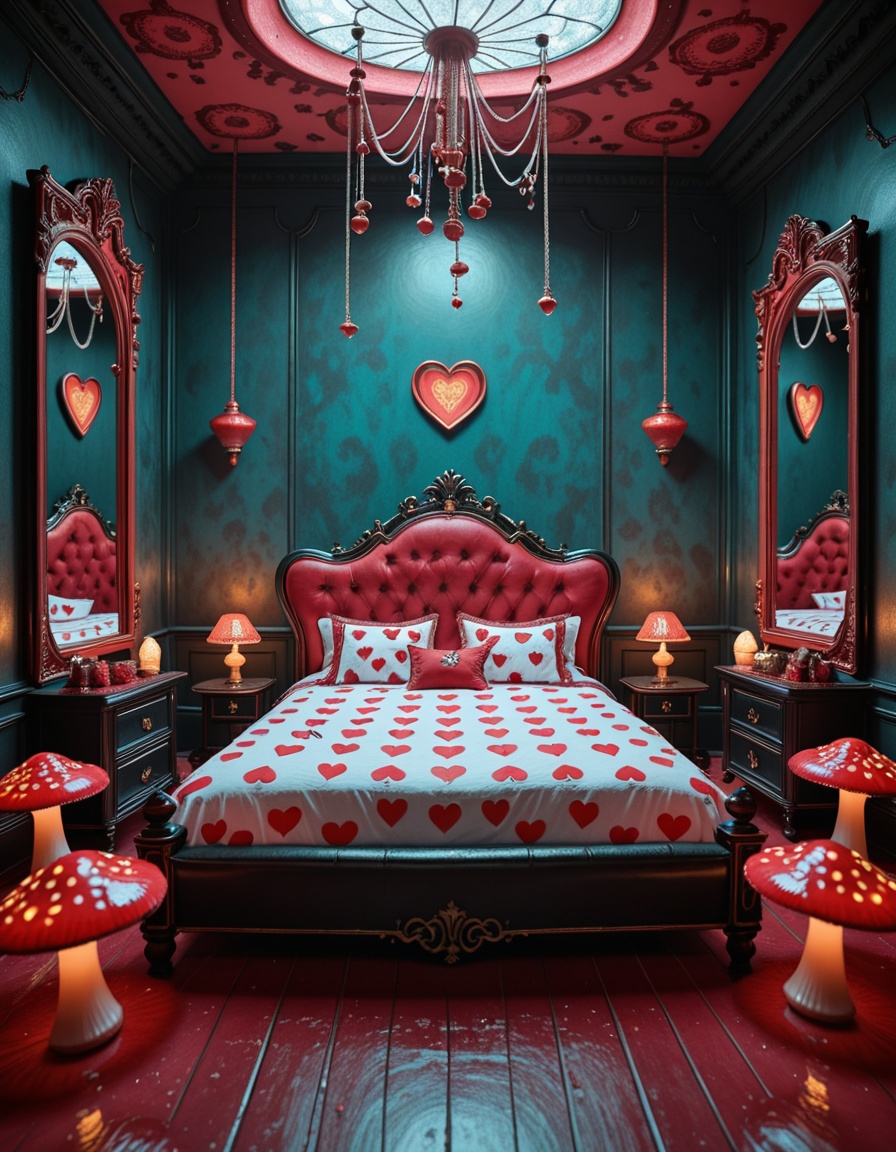 A surreal and intoxicating Wonderland chamber,  where innocence twists into temptation. The vast room is alive with glowin...