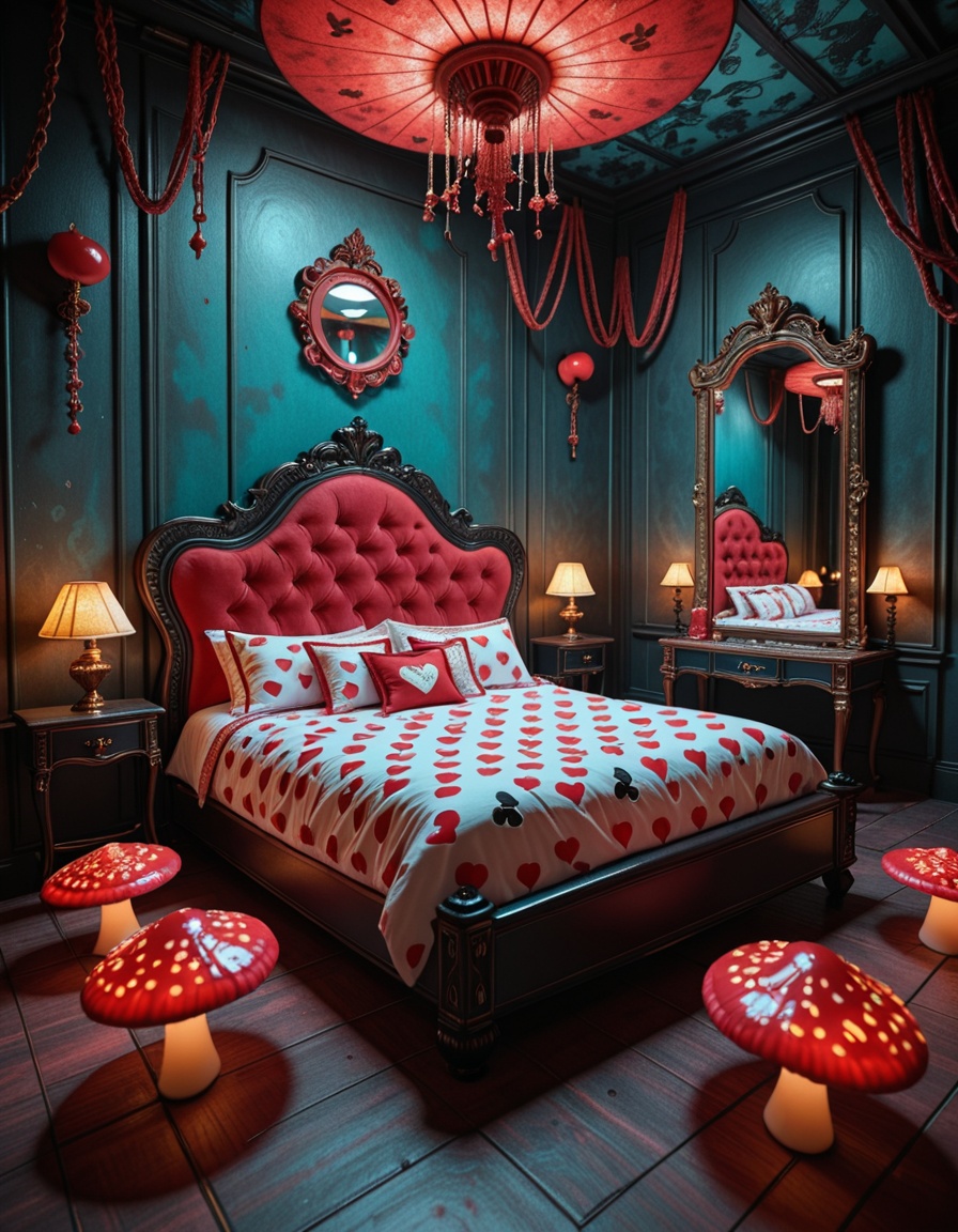 A surreal and intoxicating Wonderland chamber,  where innocence twists into temptation. The vast room is alive with glowin...