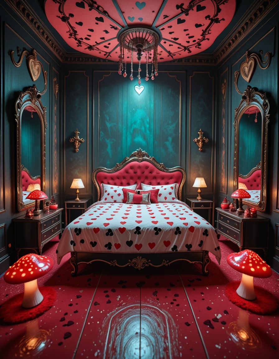 A surreal and intoxicating Wonderland chamber,  where innocence twists into temptation. The vast room is alive with glowin...
