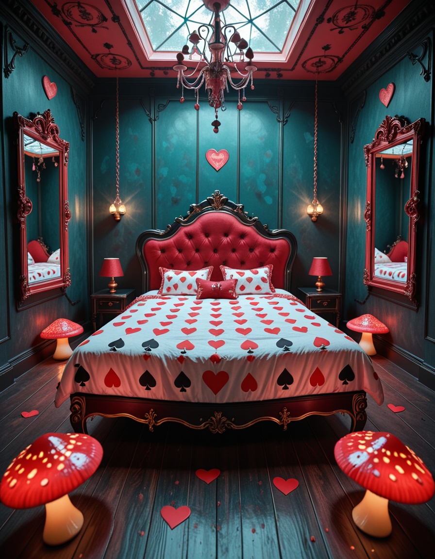 A surreal and intoxicating Wonderland chamber,  where innocence twists into temptation. The vast room is alive with glowin...