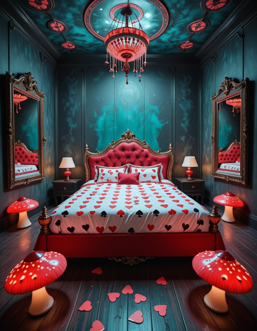 A surreal and intoxicating Wonderland chamber,  where innocence twists into temptation. The vast room is alive with glowin...