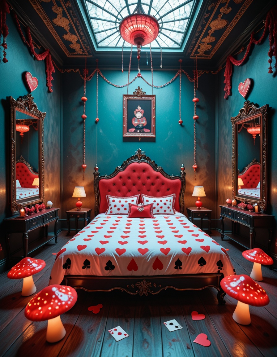 A surreal and intoxicating Wonderland chamber,  where innocence twists into temptation. The vast room is alive with glowin...