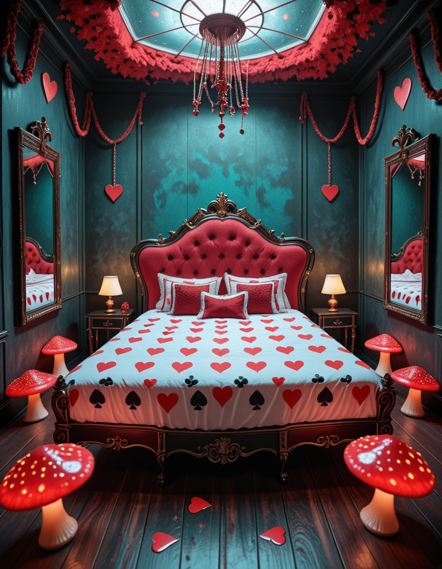 A surreal and intoxicating Wonderland chamber,  where innocence twists into temptation. The vast room is alive with glowin...