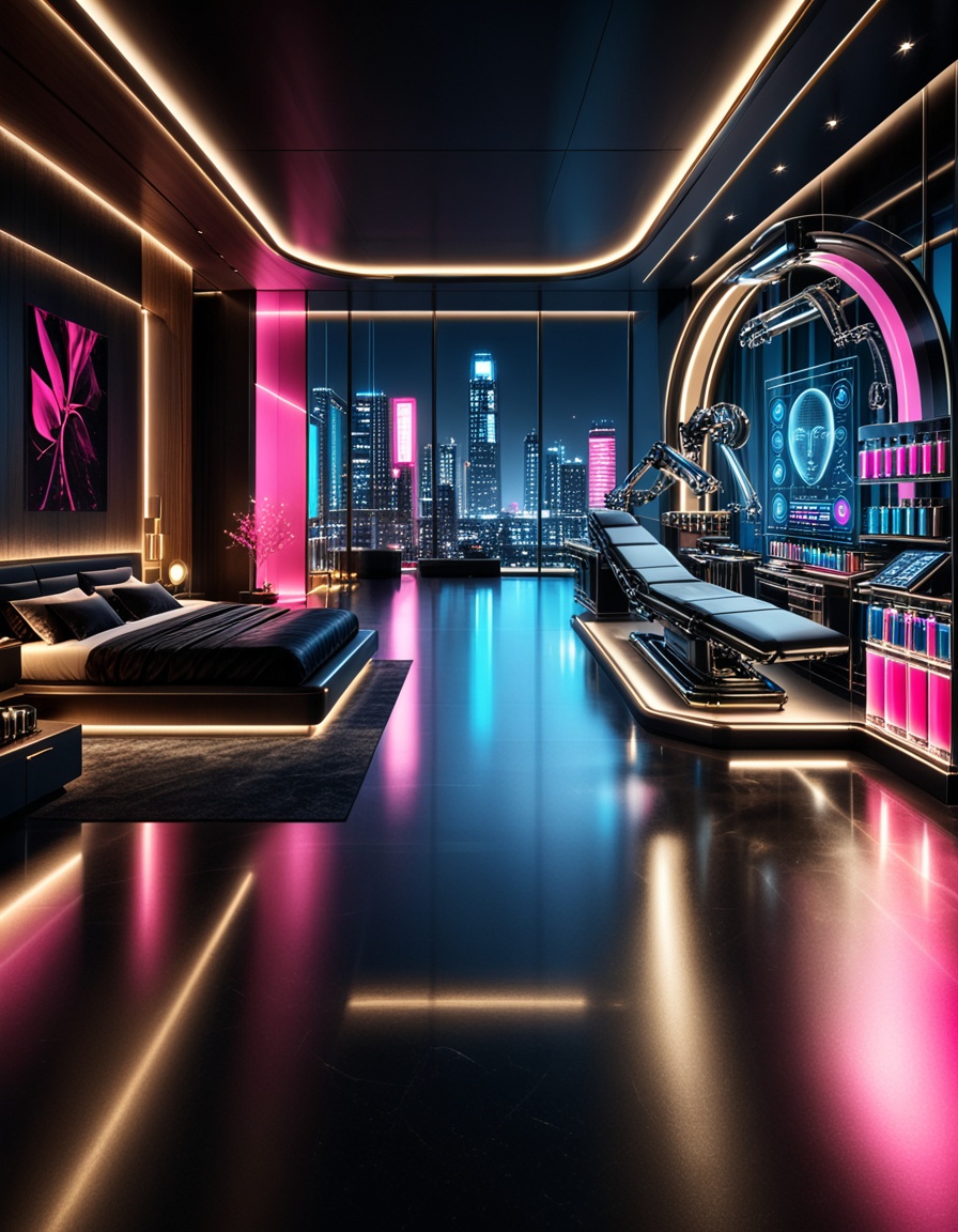 private cyberpunk penthouse b3dr00multra-luxurious private cyberpunk penthouse bedroom at night,  panoramic floor-to-ceili...