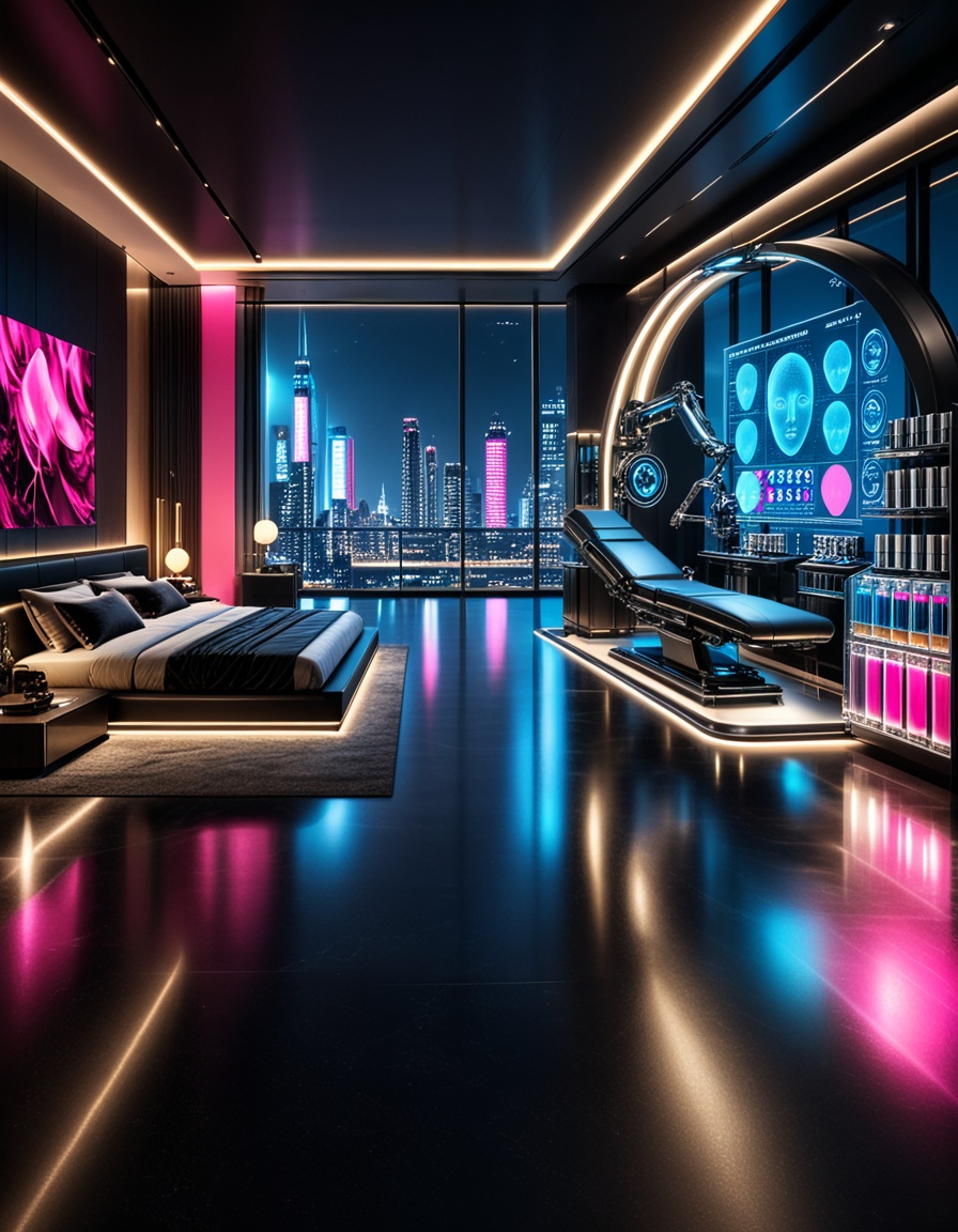 private cyberpunk penthouse b3dr00multra-luxurious private cyberpunk penthouse bedroom at night,  panoramic floor-to-ceili...