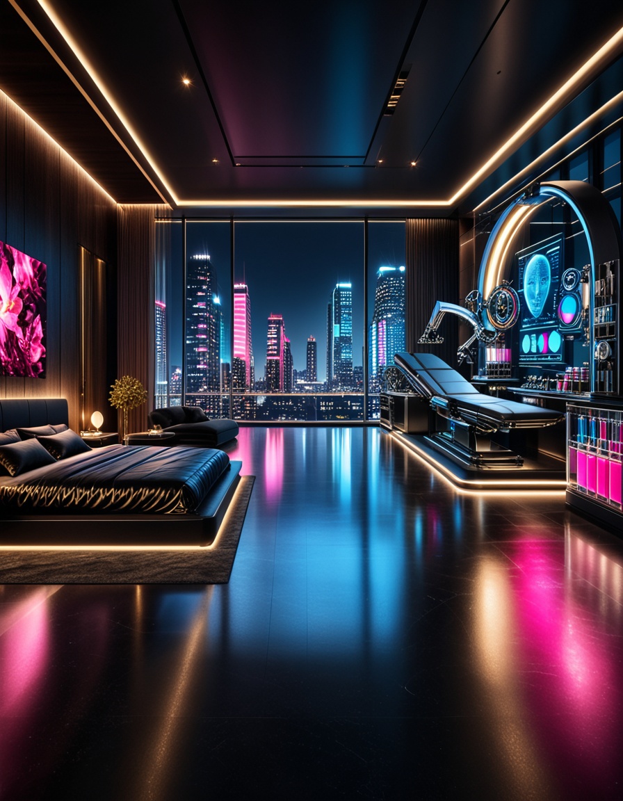 private cyberpunk penthouse b3dr00multra-luxurious private cyberpunk penthouse bedroom at night,  panoramic floor-to-ceili...
