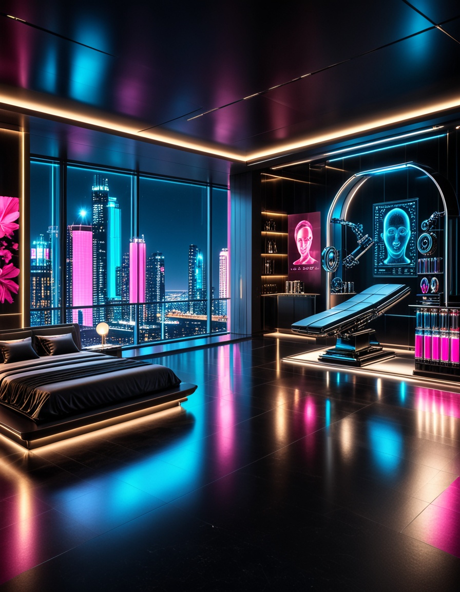 private cyberpunk penthouse b3dr00multra-luxurious private cyberpunk penthouse bedroom at night,  panoramic floor-to-ceili...