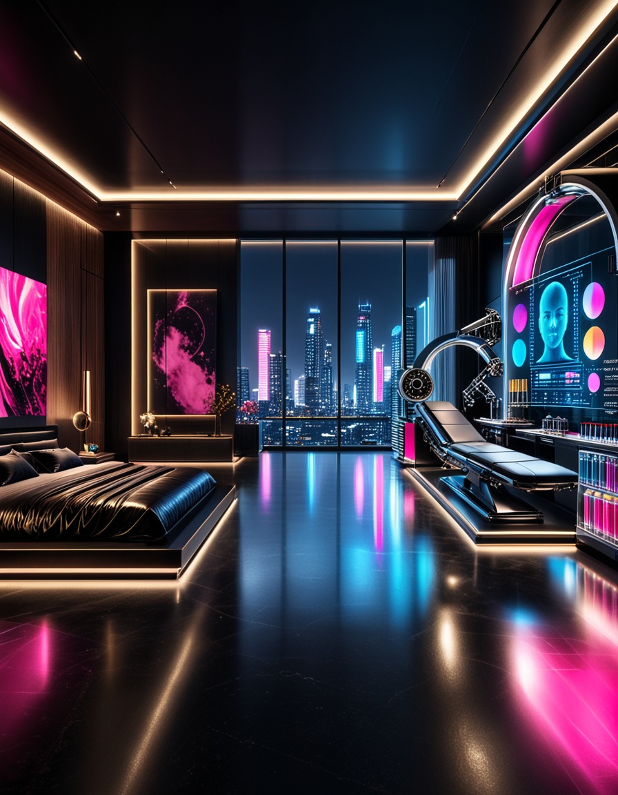 private cyberpunk penthouse b3dr00multra-luxurious private cyberpunk penthouse bedroom at night,  panoramic floor-to-ceili...