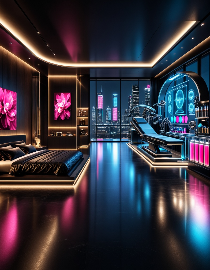private cyberpunk penthouse b3dr00multra-luxurious private cyberpunk penthouse bedroom at night,  panoramic floor-to-ceili...