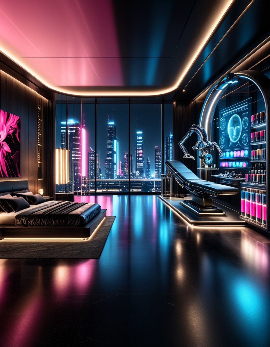 private cyberpunk penthouse b3dr00multra-luxurious private cyberpunk penthouse bedroom at night,  panoramic floor-to-ceili...