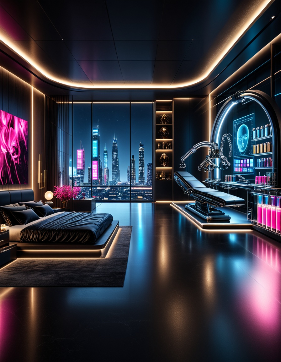 private cyberpunk penthouse b3dr00multra-luxurious private cyberpunk penthouse bedroom at night,  panoramic floor-to-ceili...