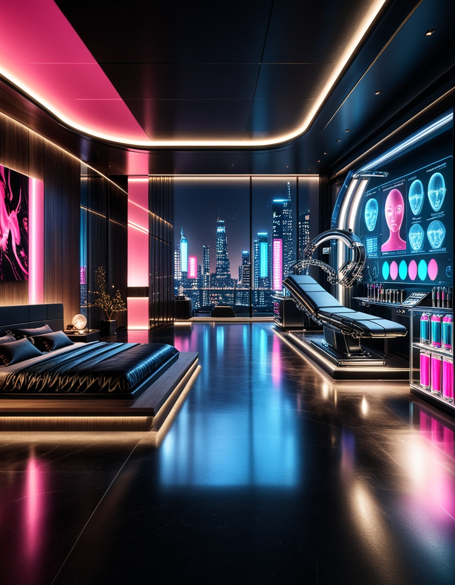 private cyberpunk penthouse b3dr00multra-luxurious private cyberpunk penthouse bedroom at night,  panoramic floor-to-ceili...