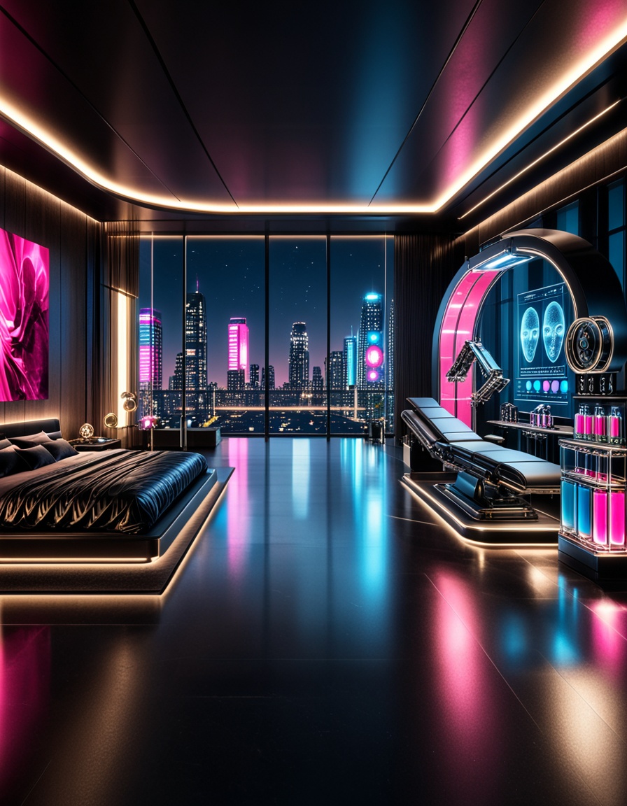 private cyberpunk penthouse b3dr00multra-luxurious private cyberpunk penthouse bedroom at night,  panoramic floor-to-ceili...