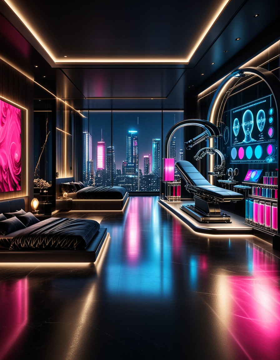 private cyberpunk penthouse b3dr00multra-luxurious private cyberpunk penthouse bedroom at night,  panoramic floor-to-ceili...