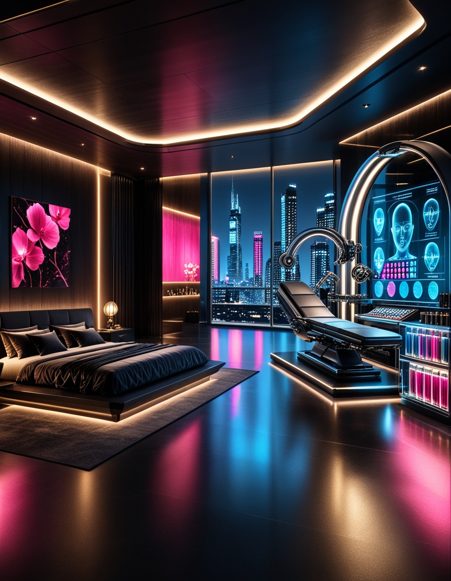 private cyberpunk penthouse b3dr00multra-luxurious private cyberpunk penthouse bedroom at night,  panoramic floor-to-ceili...