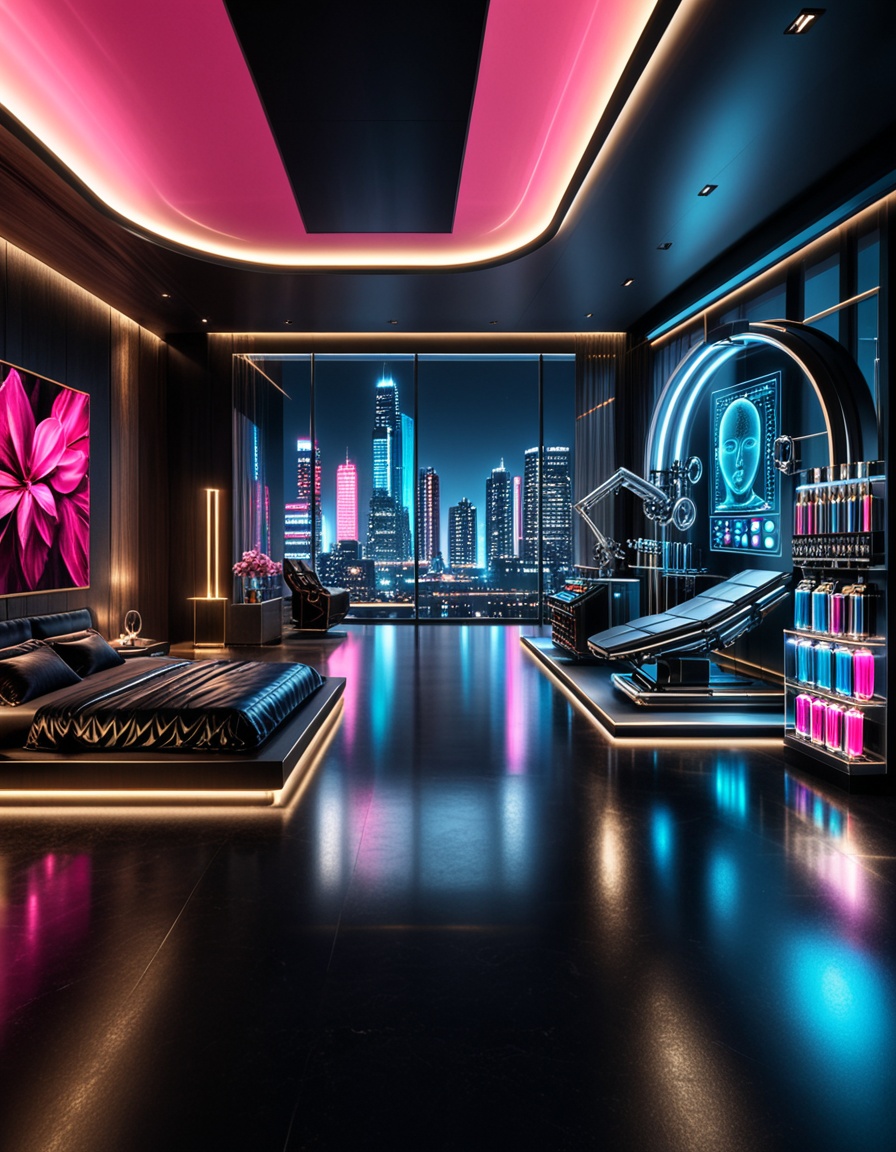 private cyberpunk penthouse b3dr00multra-luxurious private cyberpunk penthouse bedroom at night,  panoramic floor-to-ceili...