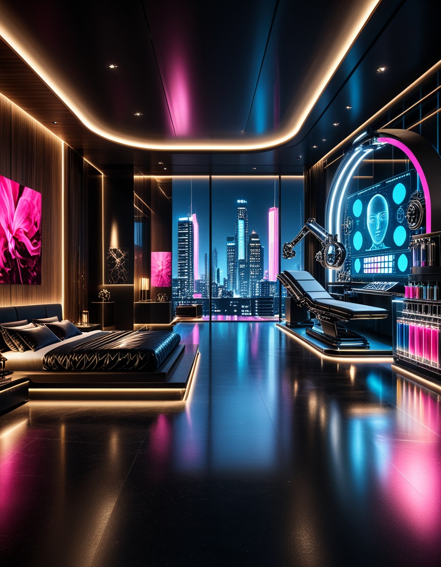 private cyberpunk penthouse b3dr00multra-luxurious private cyberpunk penthouse bedroom at night,  panoramic floor-to-ceili...