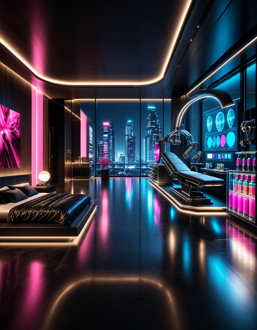 private cyberpunk penthouse b3dr00multra-luxurious private cyberpunk penthouse bedroom at night,  panoramic floor-to-ceili...