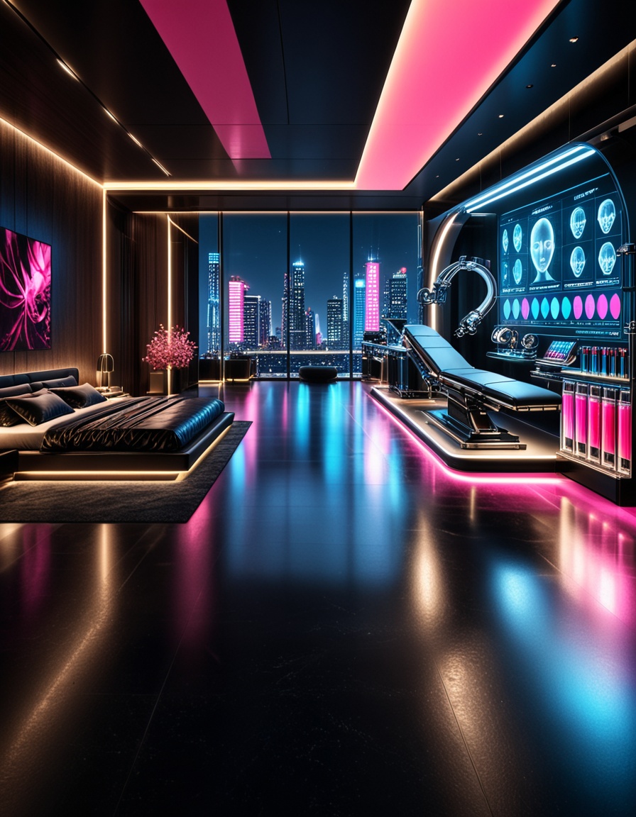 private cyberpunk penthouse b3dr00multra-luxurious private cyberpunk penthouse bedroom at night,  panoramic floor-to-ceili...