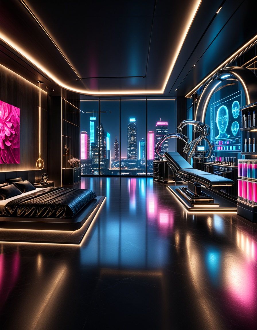 private cyberpunk penthouse b3dr00multra-luxurious private cyberpunk penthouse bedroom at night,  panoramic floor-to-ceili...