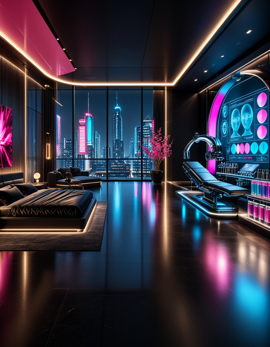 private cyberpunk penthouse b3dr00multra-luxurious private cyberpunk penthouse bedroom at night,  panoramic floor-to-ceili...