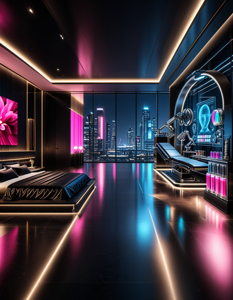 private cyberpunk penthouse b3dr00multra-luxurious private cyberpunk penthouse bedroom at night,  panoramic floor-to-ceili...