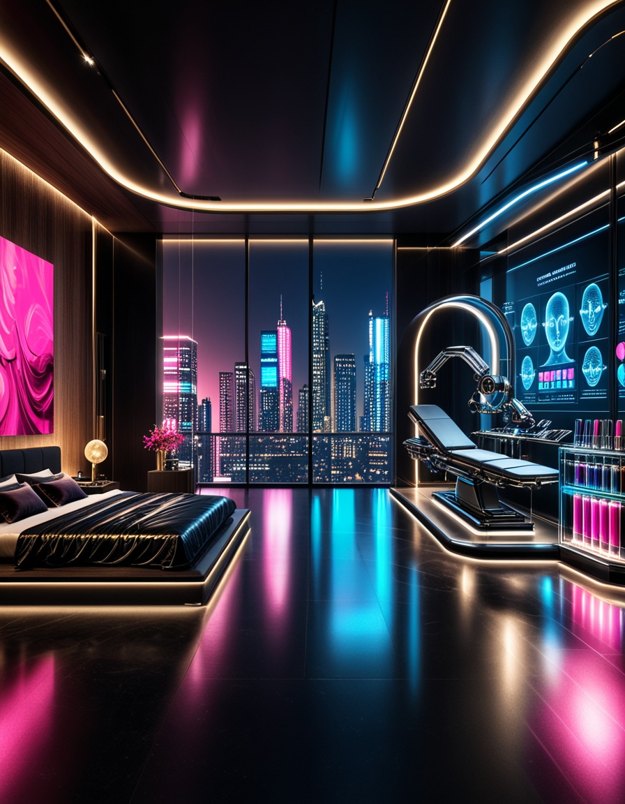 private cyberpunk penthouse b3dr00multra-luxurious private cyberpunk penthouse bedroom at night,  panoramic floor-to-ceili...