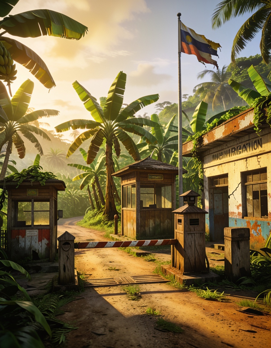 abandoned border ch3ckp01ntabandoned border checkpoint,  tropical island,  banana plantation on Tensor.Art