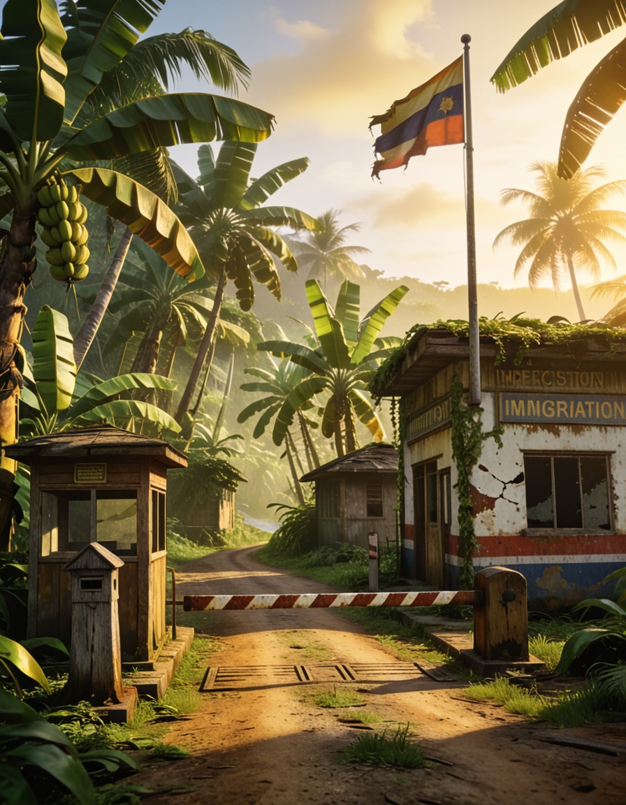 abandoned border ch3ckp01ntabandoned border checkpoint,  tropical island,  banana plantation on Tensor.Art