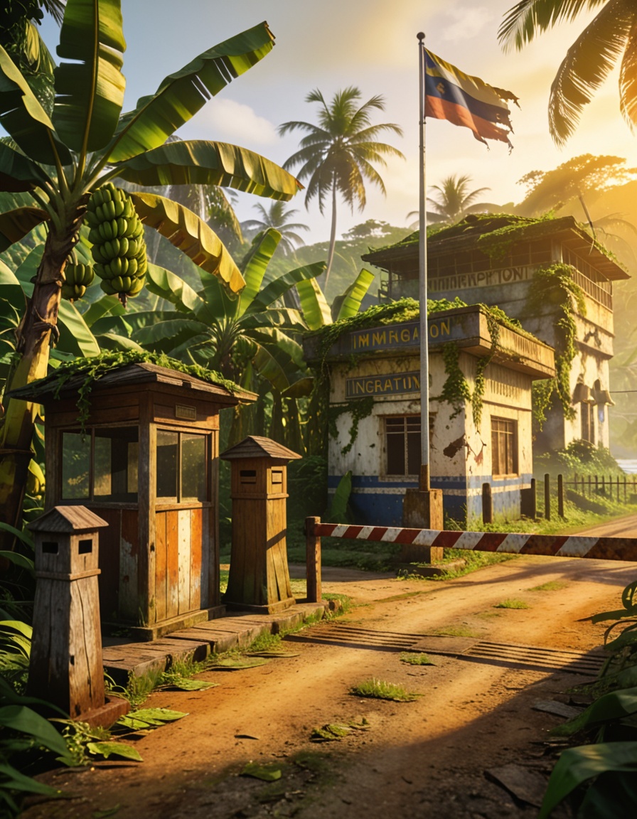 abandoned border ch3ckp01ntabandoned border checkpoint,  tropical island,  banana plantation on Tensor.Art