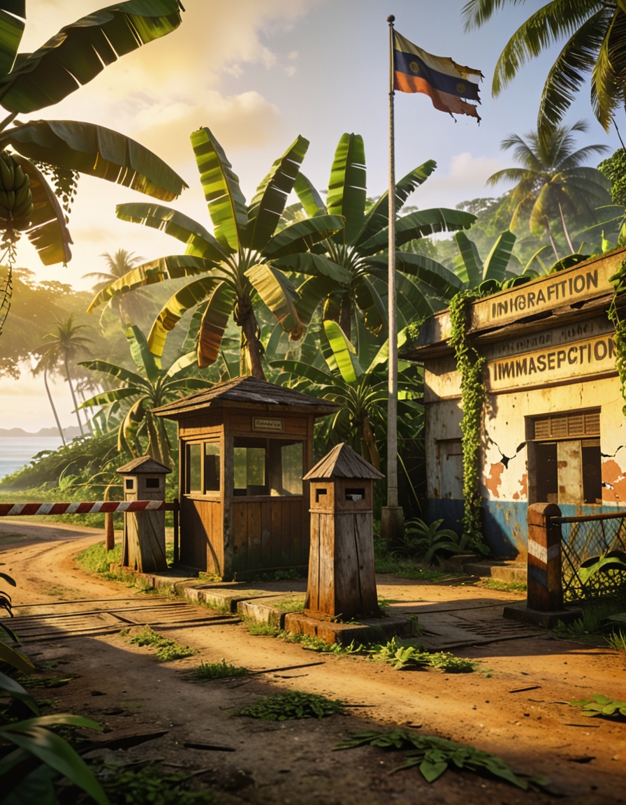 abandoned border ch3ckp01ntabandoned border checkpoint,  tropical island,  banana plantation on Tensor.Art