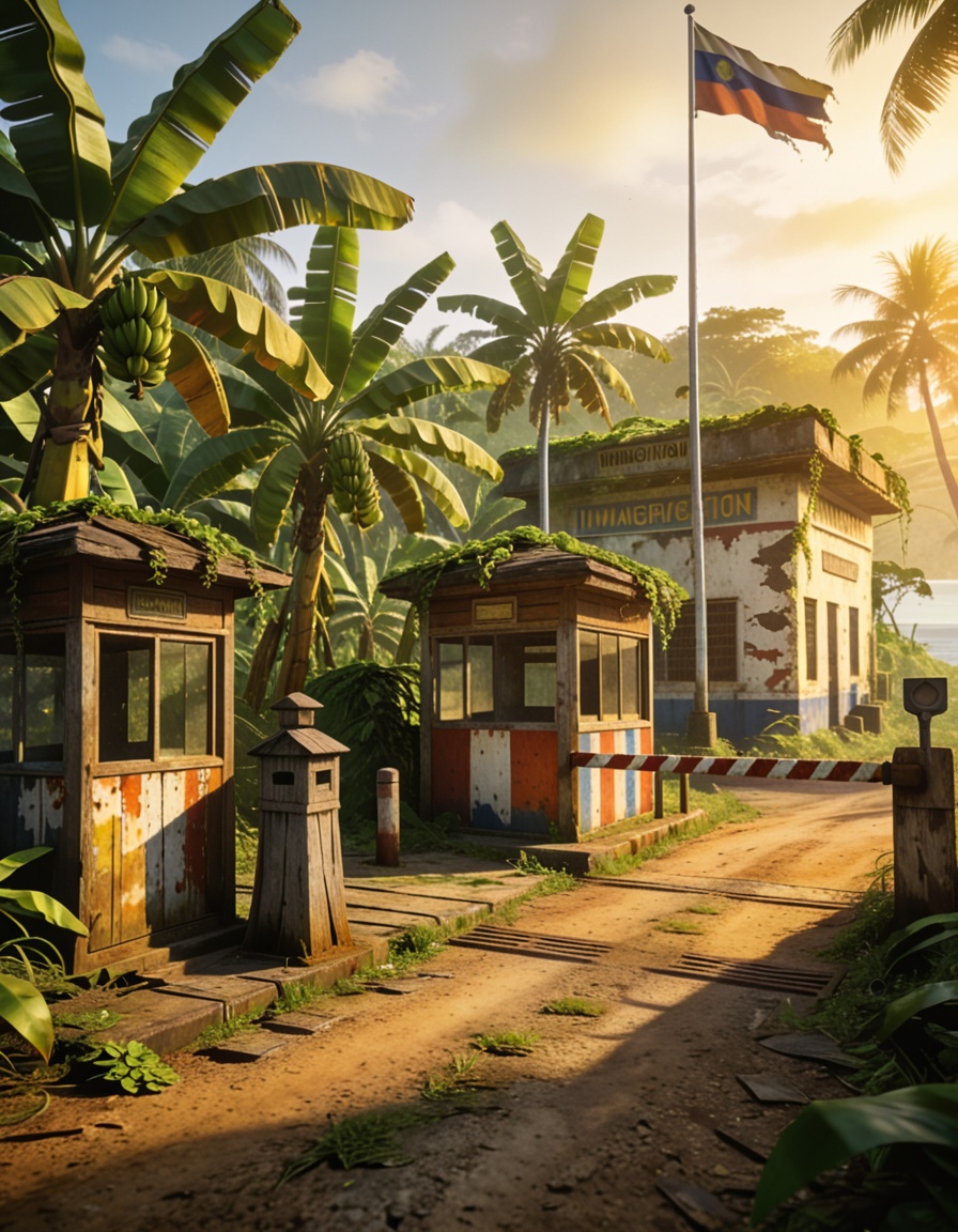 abandoned border ch3ckp01ntabandoned border checkpoint,  tropical island,  banana plantation on Tensor.Art