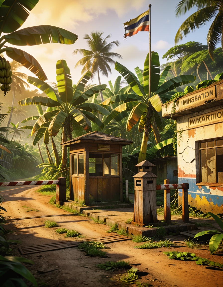 abandoned border ch3ckp01ntabandoned border checkpoint,  tropical island,  banana plantation on Tensor.Art